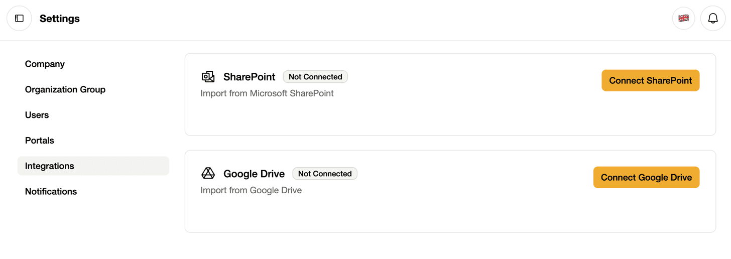 Stratson’s Integrations settings with separate Connect SharePoint and Connect Google Drive buttons.