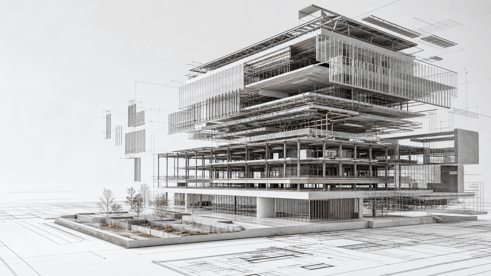 An exploded architectural model showing coordinated building systems