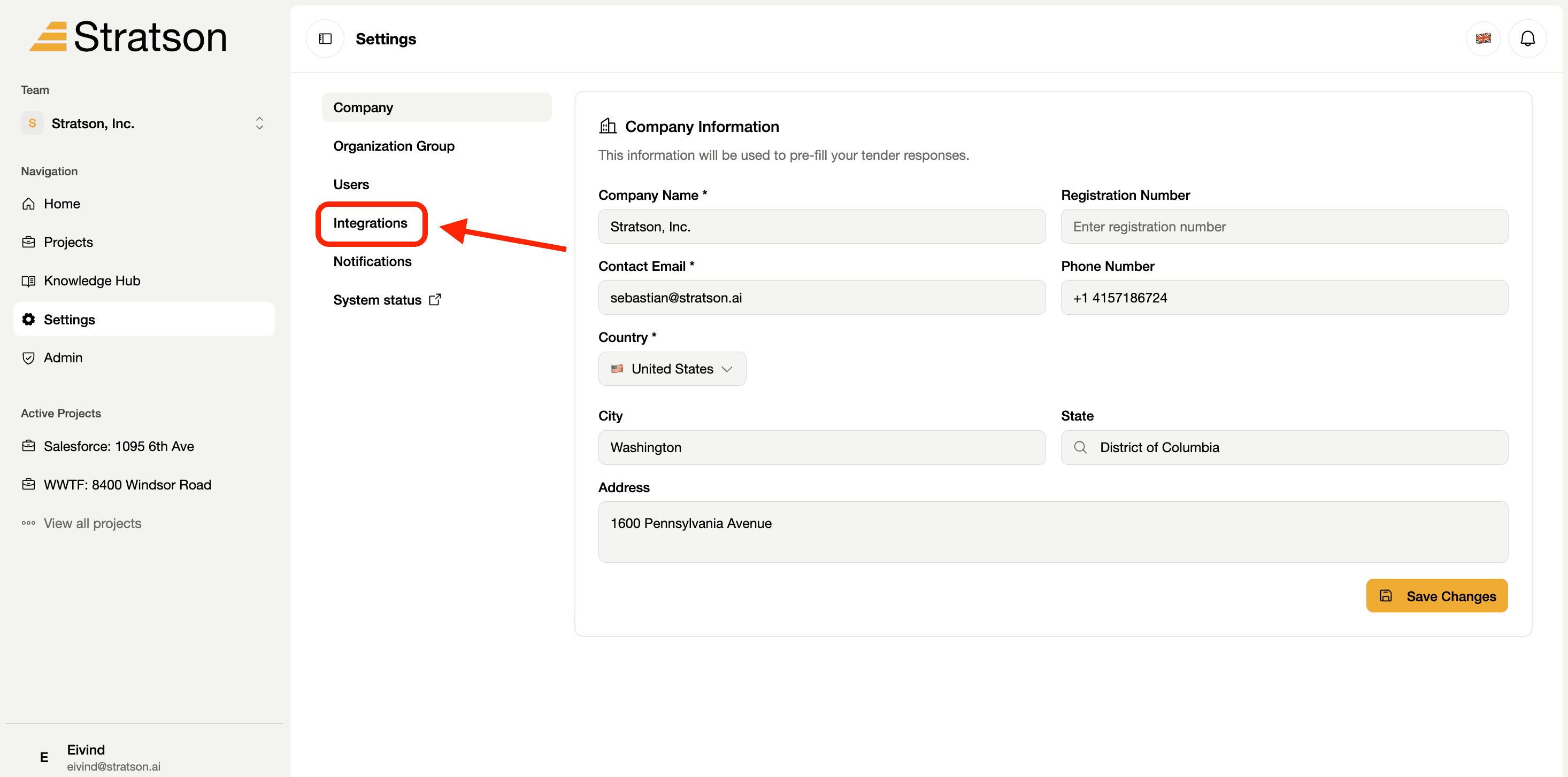Settings page with Integrations circled in the settings menu.