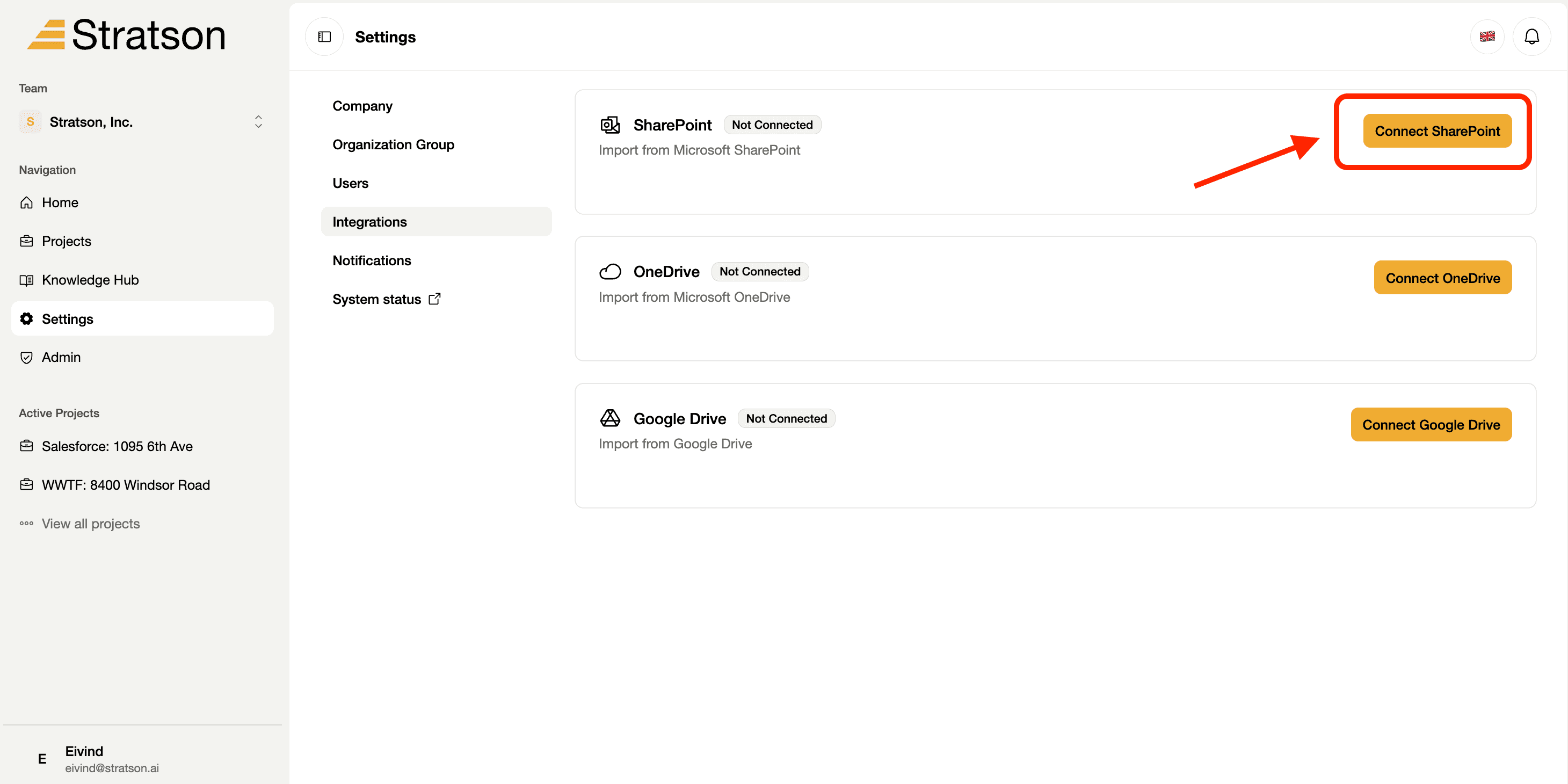 Integrations page showing SharePoint, OneDrive and Google Drive, with Connect SharePoint outlined.